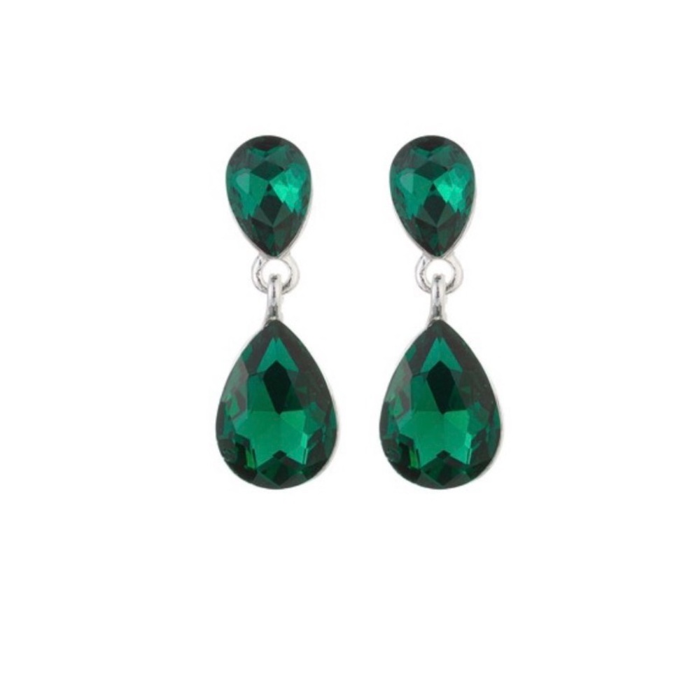 Emerald Green Teardrop Dangle Earrings | Silver Tone | 1” Drop | Faceted